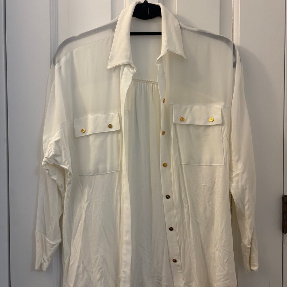 Cream Blouse – Gold Buttons – Size Small – Elegant Designer Top